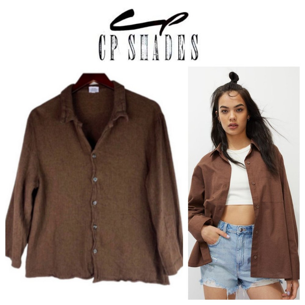 CP SHADES Medium Shirt Top Tunic Button Down LINEN Blend Brown Lagenlook Blouse